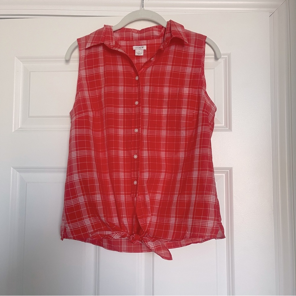 J.Crew Red and White Check front tie sleeveless top